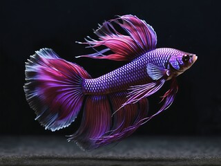 Wall Mural - Elegant true purple crown tail betta fish. Beautiful movement of Siamese fighting fish, Betta splendens, Halfmoon Betta isolated on black background.