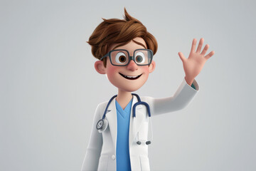 Wall Mural - male doctor with brown hair and glasses, smiling while waving at the camera