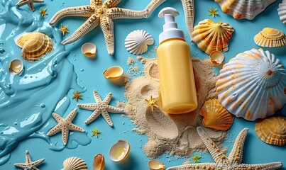 Wall Mural - sunscreen baby cream, sand shapes on blue background sunscreen protect for kids concept.stock photo