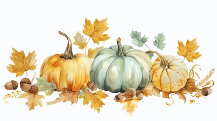 Poster - Yellow and green pumpkins with yellow gradient leaves and acorns nearby