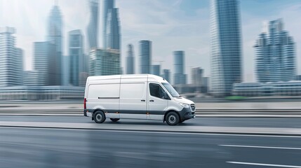 A white cargo van drives on a city street during the day