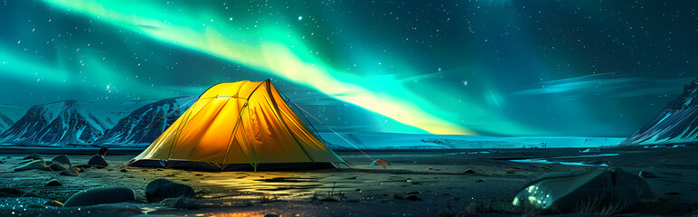 Wall Mural - A glowing yellow camping tent under a beautiful green northern lights aurora. Travel adventure landscape background. Photo composite.
