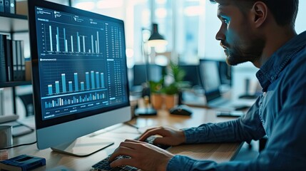 Wall Mural - Financial analyst working late on multiple computer monitors displaying various financial charts and data analysis in a dimly lit office..