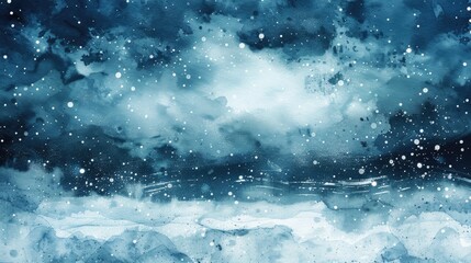 Hand drawn watercolor abstract art with dark background for web design featuring sky night clouds storm winter Christmas and snow