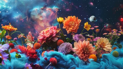 Wall Mural - Floral arrangement on space themed backdrop
