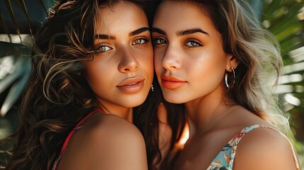 Two beautiful friends pose together by the beach, showcasing their summer style with flowing hair and stylish outfits against a scenic coastal backdrop..