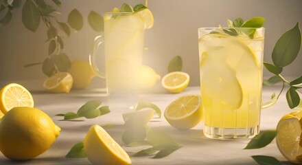 Wall Mural - Chilled lemonade with fresh lemon slices in glass surrounded by lemons 4k animation