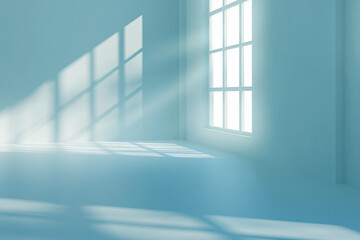 Wall Mural - Interior of empty spacious room with window shadows and sunlight on blue wall.