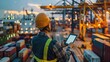 © Natpasit - A dock worker in a hard hat and reflective vest uses a tablet to oversee container ship operations at a busy port, surrounded by cranes..