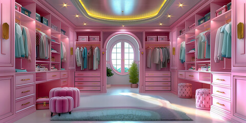 Wall Mural - Cartoonish interior of girl wardrobe in pink color in luxurious house.