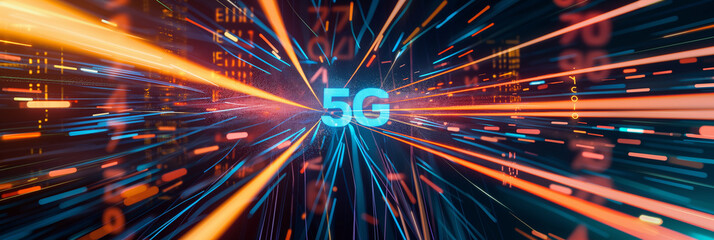 Poster - Digital data is flying through cyberspace with the 5g logo in the center