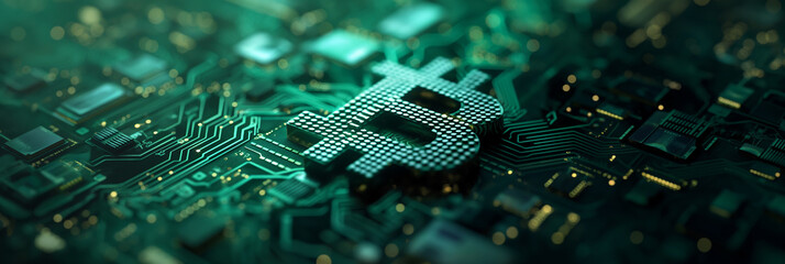 Aufkleber - Bitcoin symbol emerging from motherboard showing blockchain technology