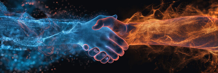 Business people shaking hands made of water and fire particles