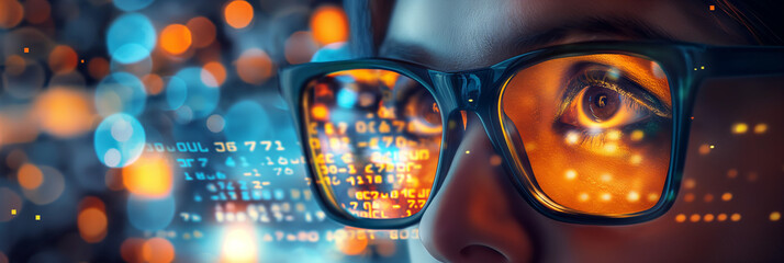 Poster - Woman programmer working with numbers reflecting in glasses