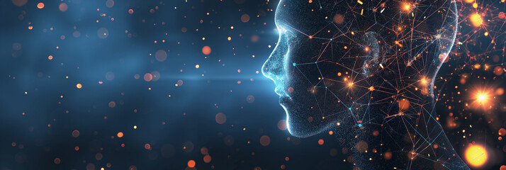 Fototapete - Artificial intelligence ai face composed of luminous network mesh on dark background