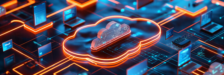 Poster - Glowing cloud computing symbol with circuit board and data transfering on devices