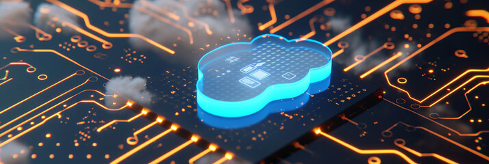 Poster - Cloud computing technology with glowing cloud icon on motherboard