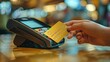 © SSTC AI Photo&Video - Close-up of a hand swiping a credit card through a payment terminal in a brightly lit retail environment..