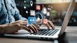 © SSTC AI Photo&Video - Close-up of hands typing on a laptop keyboard, surrounded by floating digital icons representing social media and online communication..