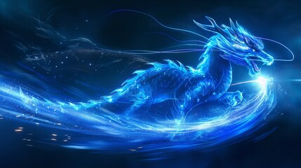 Wall Mural - A luminous blue dragon, with intricate scales and flowing energy, moves dynamically through a dark, starry background.