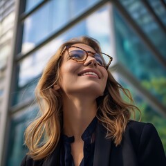 Wall Mural - A woman in glasses is smiling outside of a building.