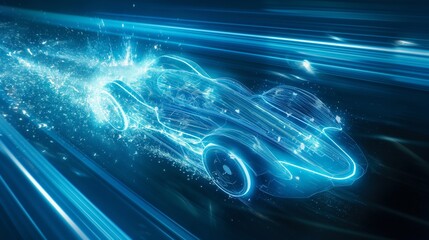 Wall Mural - A glowing, neon-blue car speeds through a dark, digital landscape, leaving a trail of light and sparks.