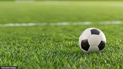 Poster - A soccer ball sits on a green grass field, with white lines marking the pitch and a goal visible in the distance