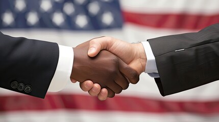 Close-up of a business handshake between two men in suits with the American flag in the background, symbolizing partnership and cooperation..