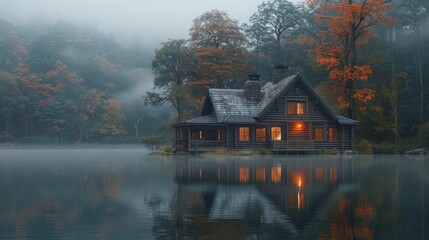 Wall Mural - a wood cabin in a misty Norwegian forest