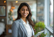 © Niks Ads - A young Indian woman in professional attire holds an tablet and smiles at the camera while standing inside her office