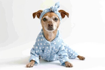 Wall Mural - Small dog in blue polka dot pajamas and headband, on a white background, portrait of domestic happiness.