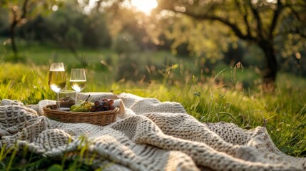 Poster - A cozy blanket spread out on the grass inviting guests to relax and enjoy their meal in nature.