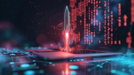 Wall Mural - dynamic 3d illustration of a rocket launching from a laptop screen leaving a trail of binary code and holographic projections in its wake