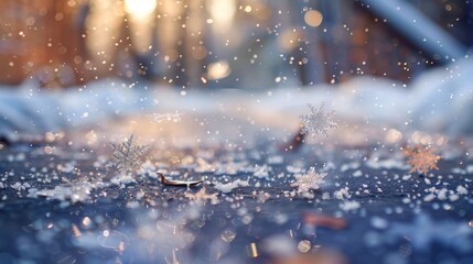 Wall Mural - Magical Winter Snowflakes Background with Sunlight and Bokeh Effects