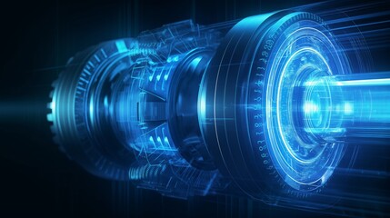 Wall Mural - A detailed, glowing blue mechanical device with intricate parts and digital elements, set against a dark background.