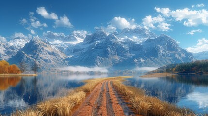 Wall Mural - Stunning Mountain Landscape with Path and Lake - Generative AI