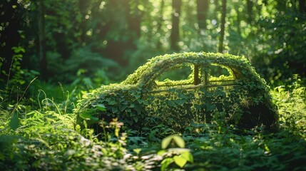 Poster - ecofriendly car silhouette formed by lush green leaves and twisting vines set against serene forest backdrop