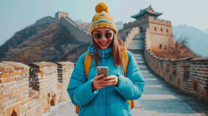 Create an image of a happy traveler woman with sunglasses, smiling at her phone while visiting the Great Wall of China