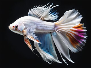 Wall Mural - White rose tail betta fish with elegant colorful patterns. Beautiful movement of Siamese fighting fish, Betta splendens, Halfmoon Betta isolated on black background.