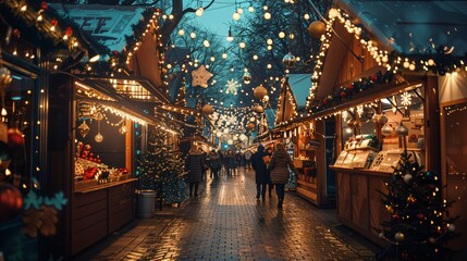 Poster - people walking down a street covered in christmas lights