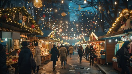 Poster - a group of people walking down a street covered in christmas lights