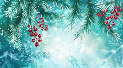 Poster - Winter Wonderland - Pine Branches with Red Berries Against a Snowy Background