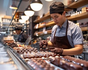 a man working in a bakery making chocolates