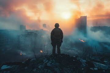 Battle-Tested Sentinel: Soldier Amidst Urban Destruction