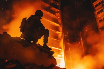 Poster - Strength in Adversity: Soldier Observes Devastated Cityscape