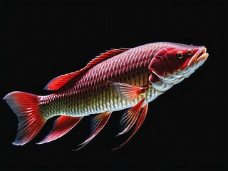 Wall Mural - Super red Asian Arowana fish on a black background.