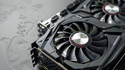 Poster - Computer graphics card on gray textured background, closeup. Space for text