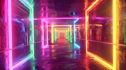 Aufkleber - Looped 3D animation of neon tunnel with rotating square frames, vibrant colors, abstract background