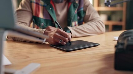 Wall Mural - Hands, web designer and drawing tablet for creative work or process, tech for sketch in office. Artist, Illustration pad and pencil on digital interface at desk for job, software for brush control