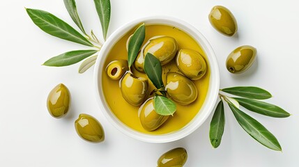 Canvas Print - Green Olives in Bowl with Olive Oil and Sprigs